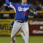 Actor Will Ferrell pitches for the Los Angeles Dodgers in a spring training baseball game against the San Diego Padres on Thursday, March 12, 2015, in Peoria, Ariz. (AP Photo/Lenny Ignelzi)
