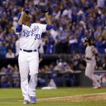 Kansas City Royals pitcher Yordano Ventura reacts as he completes the top of the seventh inning of Game 6 of baseball's World Series against the San Francisco Giants Tuesday, Oct. 28, 2014, in Kansas City, Mo. (AP Photo/David J. Phillip)