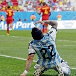 Argentina's Ezequiel Lavezzi reacts after kicking a shot wide of the goal during the World Cup quarterfinal soccer match between Argentina and Belgium at the Estadio Nacional in Brasilia, Brazil, Saturday, July 5, 2014. (AP Photo/Victor R. Caivano)