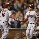 Arizona Diamondbacks' Ender Inciarte, right, is congratulated by Chris Owings (16) after Inciarte hit a home run off San Francisco Giants' Yusmeiro Petit in the third inning of a baseball game Tuesday, Sept. 9, 2014, in San Francisco. (AP Photo/Ben Margot)