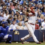 Arizona Diamondbacks' Ender Inciarte watches a home run during the third inning of a baseball game against the Milwaukee Brewers on Friday, May 29, 2015, in Milwaukee. (AP Photo/Morry Gash)