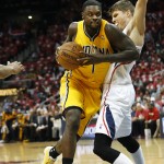  Indiana Pacers guard Lance Stephenson (1) drives against Atlanta Hawks guard Kyle Korver (26) in the first half of Game 6 of a first-round NBA basketball playoff series in Atlanta, Thursday, May 1, 2014. (AP Photo/John Bazemore)
