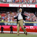 Sandy Koufax throws out the ceremonial first pitch before the MLB All-Star baseball game, Tuesday, July 14, 2015, in Cincinnati. (AP Photo/Jeff Roberson)
