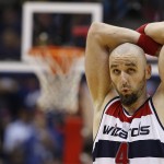  Washington Wizards center Marcin Gortat reacts after a play in the closing minutes of Game 6 of an Eastern Conference semifinal NBA basketball playoff series against the Indiana Pacers in Washington, Thursday, May 15, 2014. The Pacers defeated the Wizards 93-80 to advance to the Eastern Conference Finals. (AP Photo/Alex Brandon)