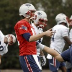 New England Patriots quarterback Tom Brady (12) warms up with teammates during practice Thursday, Jan. 29, 2015, in Tempe, Ariz. The Patriots play the Seattle Seahawks in NFL football Super Bowl XLIX Sunday, Feb. 1. (AP Photo/Mark Humphrey)