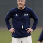 Seattle Seahawks head coach Pete Carroll watches his players during a team practice for NFL Super Bowl XLIX football game, Thursday, Jan. 29, 2015, in Tempe, Ariz. The Seahawks play the New England Patriots in Super Bowl XLIX on Sunday, Feb. 1, 2015. (AP Photo/Matt York)
