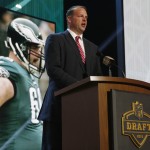 Former NFL player Jon Runyan announces that the Philadelphia Eagles selects Utah defensive back Eric Rowe as the 47th pick in the second round of the 2015 NFL Football Draft, Friday, May 1, 2015, in Chicago. (AP Photo/Charles Rex Arbogast)
