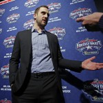 Columbus Blue Jackets' Nick Foligno, captain of Team Foligno, is interviewed after drafting his team for the NHL All-Star hockey game in Columbus, Ohio, Friday, Jan. 23, 2015. (AP Photo/Gene J. Puskar)