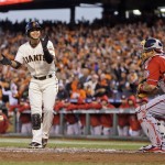 San Francisco Giants Gregor Blanco cheers after he was walked to score a run in the second inning during Game 4 of baseball's NL Division Series against the Washington Nationals in San Francisco, Tuesday, Oct. 7, 2014. (AP Photo/Ben Margot)