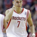Houston Rockets' Jeremy Lin reacts after making a three-point basket during the first half in Game 1 of an opening-round NBA basketball playoff series against the Portland Trail Blazers, Sunday, April 20, 2014, in Houston. (AP Photo/David J. Phillip)
