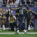 Seattle Seahawks wide receiver Chris Matthews (13) reacts after catching a pass during the first half of NFL Super Bowl XLIX football game against the New England Patriots on Sunday, Feb. 1, 2015, in Glendale, Ariz. (AP Photo/Brynn Anderson)