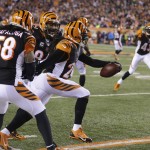 Cincinnati Bengals free safety Reggie Nelson (20) celebrates after making an interception during the first half of an NFL football game against the Denver Broncos on Monday, Dec. 22, 2014, in Cincinnati. (AP Photo/Michael Conroy)