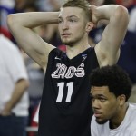 Gonzaga's Domantas Sabonis (11) watches play against Duke from the bench during the second half of a college basketball regional final game in the NCAA Tournament Sunday, March 29, 2015, in Houston. (AP Photo/David J. Phillip)