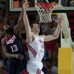 United States's James Harden, left, jumps for the ball in front Turkey's Omer Asik, during the Group C Basketball World Cup match, in Bilbao northern Spain, Sunday, Aug. 31, 2014. The 2014 Basketball World Cup competition take place in various cities in Spain from last Aug. 30 through to Sept. 14. (AP Photo/Alvaro Barrientos)