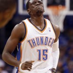  Oklahoma City Thunder guard Reggie Jackson grimaces as he limps back up the court after a fall in the first quarter of Game 4 of the Western Conference finals NBA basketball playoff series against the San Antonio Spurs in Oklahoma City, Tuesday, May 27, 2014. (AP Photo/Sue Ogrocki)