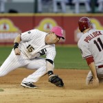  Arizona Diamondbacks' A.J. Pollock, right, steals second base as Chicago White Sox second baseman Gordon Beckham applies a late tag during the fifth inning of an interleague baseball game in Chicago, Saturday, May 10, 2014. (AP Photo/Nam Y. Huh)