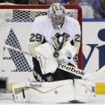  Pittsburgh Penguins goalie Marc-Andre Fleury (29) makes a save in the first period of their second-round NHL Stanley Cup hockey playoff game at Madison Square Garden in New York, Monday, May 5, 2014. (AP Photo/Kathy Willens)