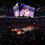 Marlana VanHoose performs the national anthem prior Game 6 of basketball's NBA Finals between the Cleveland Cavaliers and the Golden State Warriors in Cleveland, Tuesday, June 16, 2015. (AP Photo/Paul Sancya)
