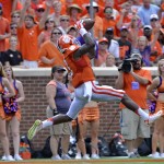Clemson's Artavis Scott pulls in a reception for a touchdown in the second quarter of an NCAA college football game against South Carolina State in Clemson, S.C., Saturday, Sept. 6, 2014. (AP Photo/Richard Shiro)

