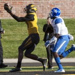 Missouri wide receiver Bud Sasser catches a touchdown pass in front of Kentucky cornerback J.D. Harmon during the second quarter of an NCAA college football game Saturday, Nov. 1, 2014, in Columbia, Mo. (AP Photo/L.G. Patterson)