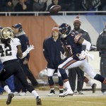 New Orleans Saints free safety Pierre Warren (42) intercepts a pass intended for Chicago Bears wide receiver Alshon Jeffery (17) during the second half of an NFL football game Monday, Dec. 15, 2014, in Chicago. (AP Photo/Charles Rex Arbogast)