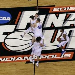 Duke players celebrate after the NCAA Final Four college basketball tournament championship game against Wisconsin Monday, April 6, 2015, in Indianapolis. Duke won 68-63. (AP Photo/David J. Phillip)
