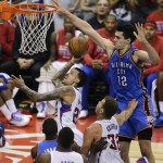 Los Angeles Clippers' Matt Barnes, center, is fouled by Oklahoma City Thunder's Steven Adams, right, during the first half in Game 6 of the NBA Western Conference semifinals, Thursday, May 15, 2014, in Los Angeles. (AP Photo/Jae C. Hong)