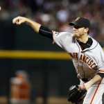 San Francisco Giants pitcher Jake Peavy throws in the first inning during a baseball game against the Arizona Diamondbacks, Saturday, July 18, 2015, in Phoenix. (AP Photo/Rick Scuteri)

