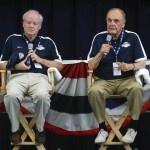 J.G. Taylor Spink Award recipient Tom Gage, left, and Ford C. Frick Award recipient Dick Enberg appear during a National Baseball Hall of Fame news conference on Saturday, July 25, 2015, in Cooperstown, N.Y. They will receive their awards in a ceremony Saturday afternoon. (AP Photo/Mike Groll)

