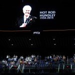 Former Utah Jazz and Phoenix Suns broadcaster Rodney "Hot Rod" Hundley is remembered prior to an NBA basketball game, Saturday, April 4, 2015, in Phoenix. Hundley died March 27. (AP Photo/Matt York)