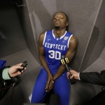 Kentucky forward Julius Randle is interviewed in the locker room after his team's 60-54 loss to Connecticut in the NCAA Final Four tournament college basketball championship game Monday, April 7, 2014, in Arlington, Texas. (AP Photo/Eric Gay)
