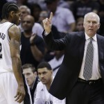  San Antonio Spurs head coach Gregg Popovich signals as forward Kawhi Leonard (2) heads to the sideline against the Miami Heat during the first half in Game 5 of the NBA basketball finals on Sunday, June 15, 2014, in San Antonio. (AP Photo/David J. Phillip)