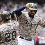 San Diego Padres' Matt Kemp, right, reacts with teammate Yangervis Solarte (26) after hitting a home run against the Arizona Diamondbacks during the first inning of a baseball game Sunday, June 28, 2015, in San Diego. (AP Photo/Gregory Bull)
