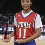 Mo'ne Davis holds the AP Female Athlete of the Year Award after the NBA All-Star celebrity basketball game at Madison Square Garden Friday, Feb. 13, 2015, in New York. (AP Photo/Frank Franklin II)