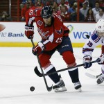 Washington Capitals left wing Jason Chimera (25) tries to get away from New York Rangers right wing Jesper Fast (19), from Sweden, during the second period of Game 3 in the second round of the NHL Stanley Cup hockey playoffs, Monday, May 4, 2015, in Washington. (AP Photo/Alex Brandon)