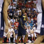 California's Jordan Mathews reacts after a play against Arizona in the second half of an NCAA college basketball game in the quarterfinals of the Pac-12 conference tournament Thursday, March 12, 2015, in Las Vegas. (AP Photo/John Locher)