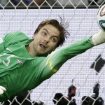  Netherlands' goalkeeper Tim Krul saves the last penalty kick during the World Cup quarterfinal soccer match between the Netherlands and Costa Rica at the Arena Fonte Nova in Salvador, Brazil, Saturday, July 5, 2014. The Ntherlands won 4-3 on penalty kicks. Late substitute Krul made two saves in a 4-3 penalty shootout victory over Costa Rica on Saturday to give the Netherlands a spot in the World Cup semifinals following a 0-0 draw.(AP Photo/Hassan Ammar)