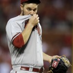 Arizona Diamondbacks starting pitcher Wade Miley pauses after giving up a two-run double to St. Louis Cardinals' Shane Robinson during the sixth inning of a baseball game Thursday, May 22, 2014, in St. Louis. (AP Photo/Jeff Roberson)
