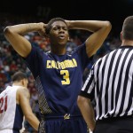 California's Tyrone Wallace reacts after a play against Arizona in the second half of an NCAA college basketball game in the quarterfinals of the Pac-12 conference tournament Thursday, March 12, 2015, in Las Vegas. (AP Photo/John Locher)