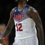 United States' DeMarcus Cousins reacts during the final World Basketball match between the United States and Serbia at the Palacio de los Deportes stadium in Madrid, Spain, Sunday, Sept. 14, 2014. (AP Photo/Daniel Ochoa de Olza)