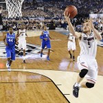 Niels Giffey (5) shoots the ball against Kentucky during the first half of the NCAA Final Four tournament college basketball championship game Monday, April 7, 2014, in Arlington, Texas. (AP Photo/Chris Steppig, pool)