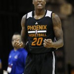 Phoenix Suns' Archie Goodwin reacts after a play against the New Orleans Pelicans during the first half of an NBA summer league basketball game Sunday, July 19, 2015, in Las Vegas. (AP Photo/John Locher)
