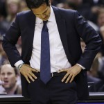 Miami Heat head coach Erik Spoelstra pauses during the first half in Game 5 of the NBA basketball finals against the San Antonio Spurs on Sunday, June 15, 2014, in San Antonio. (AP Photo/David J. Phillip)