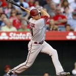 Arizona Diamondbacks' A.J. Pollock watches an RBI sacrifice fly to right field during the second inning of a baseball game against the Los Angeles Angels in Anaheim, Calif., Tuesday, June 16, 2015. (AP Photo/Alex Gallardo)
