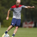  United States' Michael Bradley shoots during a training session at the Sao Paulo FC training center in Sao Paulo, Brazil, Wednesday, June 11, 2014. The U.S. will play in group G of the 2014 soccer World Cup. (AP Photo/Julio Cortez)