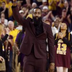 Houston Rockets and former Arizona State guard James Harden is acknowledged at half time of an NCAA college basketball game against UCLA, Wednesday, Feb. 18, 2015, in Tempe, Ariz. Arizona State was retiring Harden's #13 jersey. (AP Photo/Rick Scuteri)