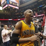  Indiana Pacers forward David West reacts as he leaves the court after Game 6 of a first-round NBA basketball playoff series against the Atlanta Hawks in Atlanta, Thursday, May 1, 2014. Indiana won 95-88. (AP Photo/John Bazemore)