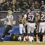 New Orleans Saints tight end Josh Hill (89) runs into the end zone for a touchdown during the second half of an NFL football game against the Chicago Bears Monday, Dec. 15, 2014, in Chicago. (AP Photo/Nam Y. Huh)
