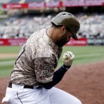San Diego Padres' Matt Kemp reacts after hitting a home run against the Arizona Diamondbacks during the first inning of a baseball game Sunday, June 28, 2015, in San Diego. (AP Photo/Gregory Bull)
