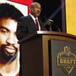 Former Kansas City Chiefs cornerback Gary Green announces that the Kansas City Chiefs selects Missouri offensive lineman Mitch Morse as the 49th pick in the second round of the 2015 NFL Football Draft, Friday, May 1, 2015, in Chicago. (AP Photo/Charles Rex Arbogast)